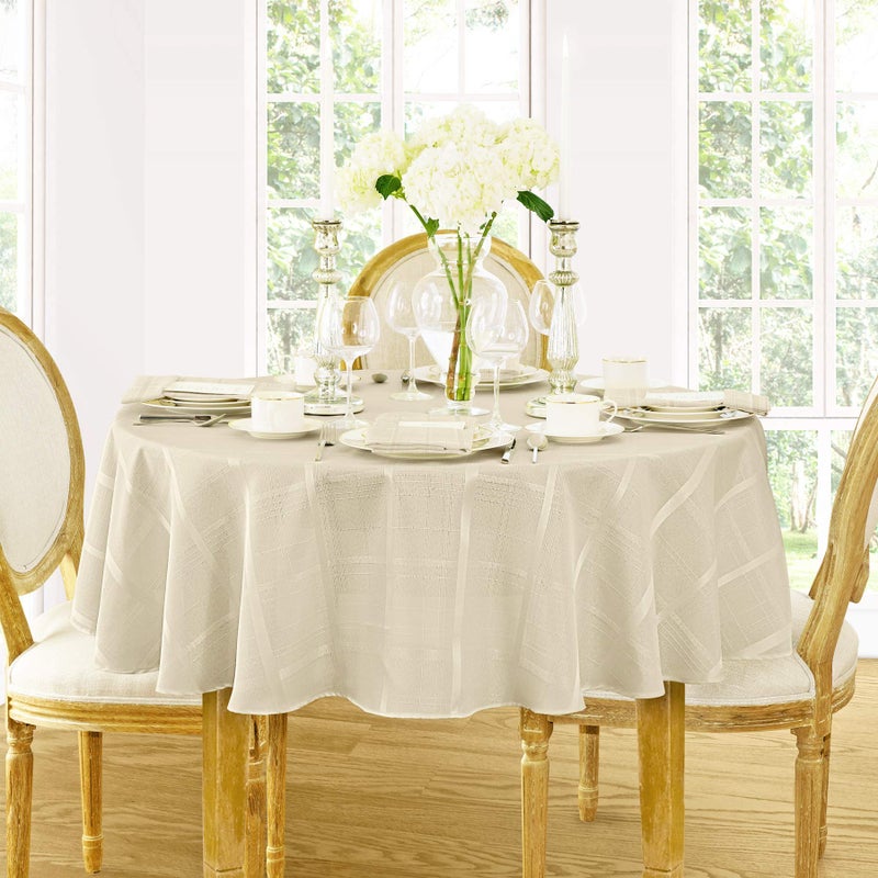 Newbridge 60 x 84 Inch Oval Fabric Tablecloth, Elegance Plaid, 100% Polyester, No Iron Soil Resistant Dining Room, Party and Banquet Table Cover, Solid Textured, Beige - Image 1